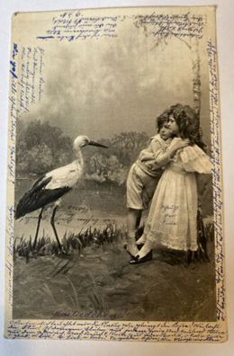 Kinder Junge und Mädchen am See Storch um 1907 84027
