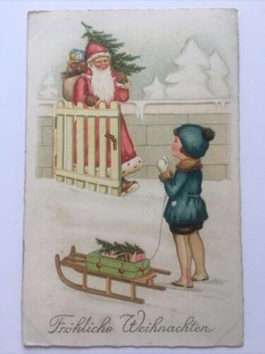 Glückwunsch Weihnachtskarte. Kind mit Schlitten, Weihnachtsmann. 650.