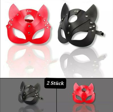 2 Stück Damen Katzenmaske mit Ohren Rot Schwarz Katzen Fetisch BDSM Maske Kostüm
