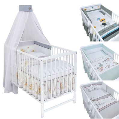 Babybett Kinderbett Gitterbett Milo Weiß 120x60 mit Bettset Komplett
