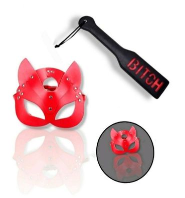 2 Teilig Katzenmaske Rot mit Peitsche Maske Fetisch BDSM Kostüm Rollenspiele