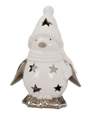Windlicht Pinguin Porzellan Weihnachten Stern silber weiß Deko Laterne NEU