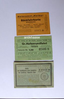 3 Eintrittskarte Fahrkarte Dampfer Hamburg Amerika Hafenrundfahrt Motorschiff Martha