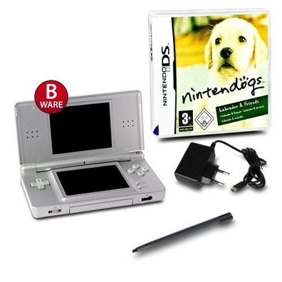 DS Lite Handheld Konsole silber #73B + Spiel Nintendogs - Labrador & Friends