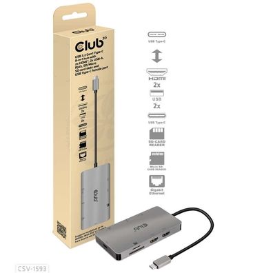 USB Hub 3.2 Typ C => 2x HDMI, 2x USB-A, RJ45, SD/ Micro SD Kartenslots und USB ...