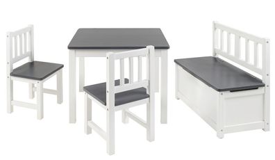 Kindersitzgruppe Kinder Möbel Set mit Truhen Bank Tisch 2x Stuhl Holz weiß grau BOMI®