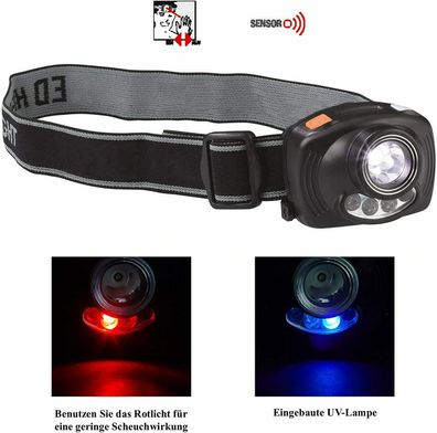 Kopflampe mit Sensor EIN-/ Ausschaltfunktion Wahlweise Weiß-, Rot- oder UV-Licht