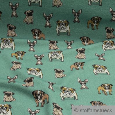 Stoff Baumwolle Polyester Elastan Alpen Jersey grün Hund Bulldogge Mops
