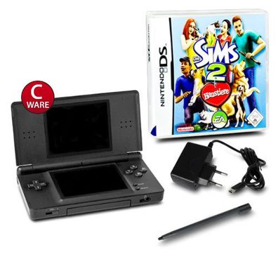 DS Lite Handheld Konsole schwarz #70C + Ladekabel + Spiel Die Sims 2 - Haustiere