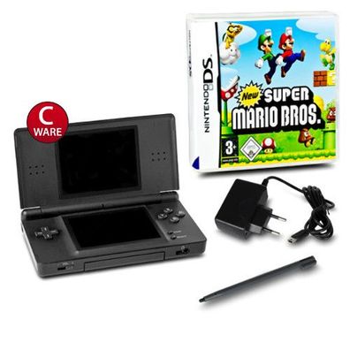 Nintendo DS Lite Handheld Konsole schwarz #70C + Ladekabel + New Super Mario Bros