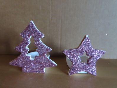 zwei Teelichthalter Stern + Baum mit lila-Glitzer Keramik