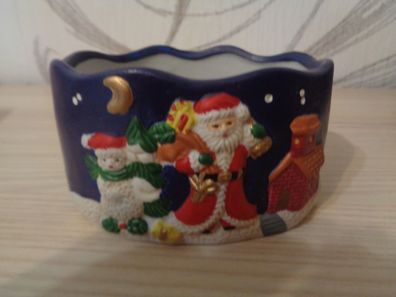 Schale Keramik blau mit Weihnachtsmotiv für Übertopf oder Adventsgesteck