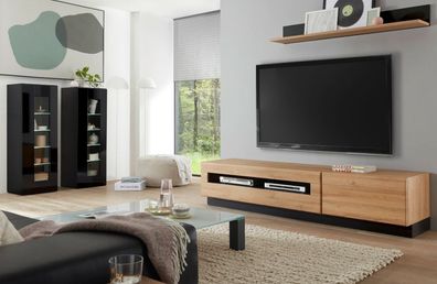 Wohnwand Wohnzimmer Möbel Set Hochglanz kaufen Savanna und Eiche schwarz bei Vitrine 2x mit