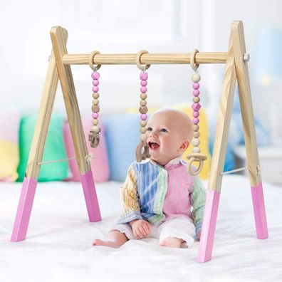 Baby Spielbogen Holz Spieltrapez klappbar BabyGym mit 3 abnehmbaren Kinderspielzeugen