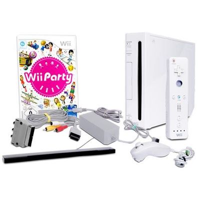 Wii Konsole in Weiss + alle Kabel + Nunchuk + Fernbedienung + Spiel Wii Party