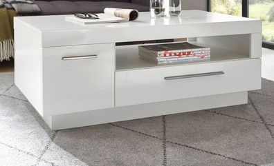 Couchtisch Wohnzimmer Tisch weiß Hochglanz Sofatisch mit Stauraum 110 cm Ladis