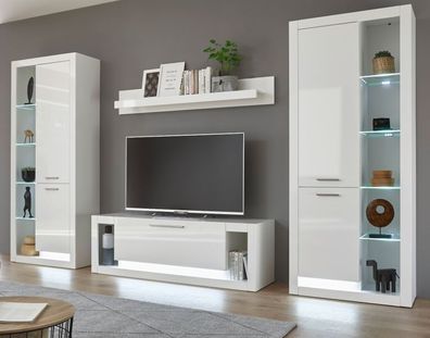 Wohnwand Schrankwand Wohnzimmer Möbel 350 cm 4-teilig in weiß Hochglanz Ladis
