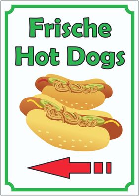 Frische Hot Dogs Aufkleber Hochkant mit Pfeil links