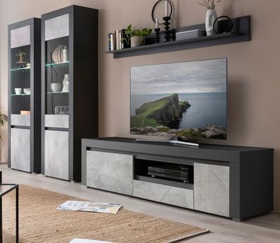 Wohnwand Marmor grau Wohnzimmer Schrankwand Möbel Set modern mit Vitrinen Airen