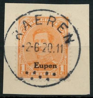 Belgische BES.-POST EUPEN Nr 1 zentrisch gestempelt Briefstück X42617A