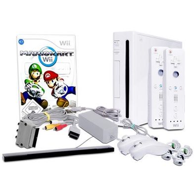 Wii Konsole in Weiss + alle Kabel + 2 Nunchuk + 2 Fernbedienung + Spiel Mario ...