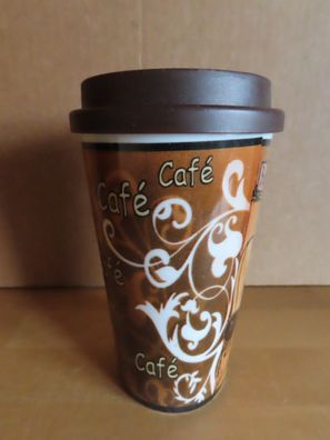 Tasse Becher Kaffeepott mit baunem Muster mit Deckel für Coffee to go/ Van Well