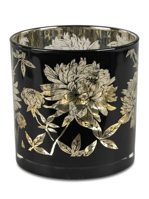 Windlicht Blume schwarz gold Design | Glaswindlicht Glas Teelichthalter | 15 cm
