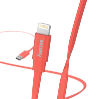 Hama USB 2.0 Lade-/ Datenkabel Flat/ Flach für Apple iPhone 11 12 13 1,2m, Pink