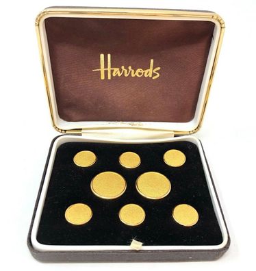 Etui mit 8 sehr edlen Harrods Knöpfen vergoldet 2x Ø 2 cm / 6x Ø 1,4 cm - (W54)