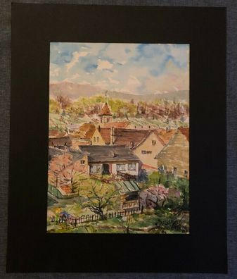 Altes Aquarell von Fröhlich - Blick aufs Dorf 40 x 30 cm dunkler Papp-Rand (M1)