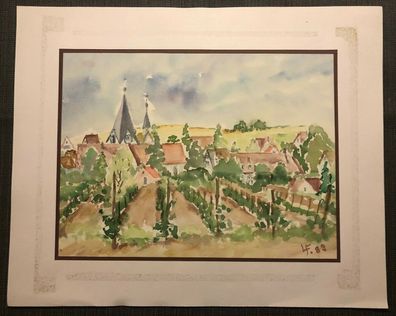 Altes Aquarell von Lore Fröhlich - Motiv Dorf am Weinberg 39 x 30 cm (M2)