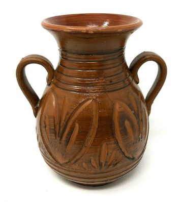 Braune Keramik Vase ca. 15,5 cm hoch - Ø 14 cm mit 2 Griffen (W6)