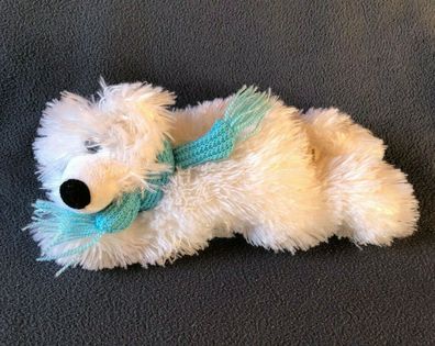 Plüschtier Eisbär liegend mit türkisfarbenem Schal in weiß ca. 22 cm lang (S1)