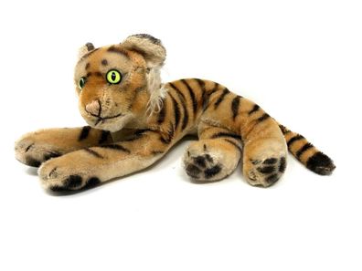 Antiker Steiff Tiger liegend aus Mohair sehr alt ca. 22 cm groß ohne Knopf (142)