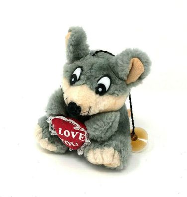 Plüschtier Anhänger Maus grau sitzend mit Saugnapf ca.13 cm "I Love You" (254)