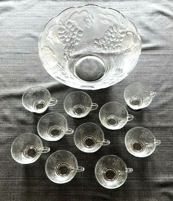 Große Glas Bowle Schale für ca. 3,5 Liter - Ø ca. 32 cm - 10 Glasbecher (42)