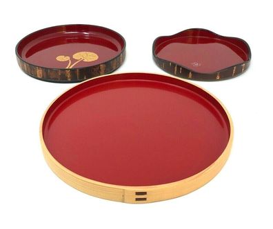 3 teiliges orig. Japanisches Cherry Bark Work Lacquer Plate (W22)