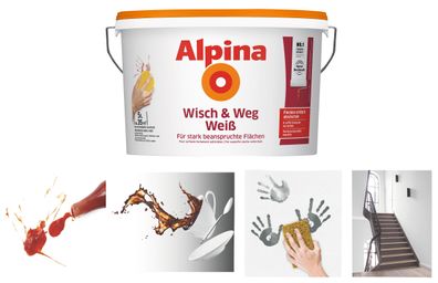Alpina Wisch & Weg 5 Liter Wandfarbe, Weiss Matt, Flecken einfach abwischen