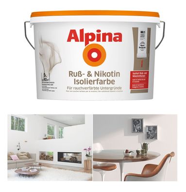 Alpina Ruß- & Nikotin Isolierfarbe, 5 Liter Weiß Matt Rußflecken, Nikotinflecken