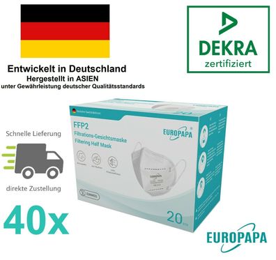 Europapa FFP2 Atemschutzmaske 40 Stk DEKRA CE2163 Maske FFP 2 Mundschutz Viren