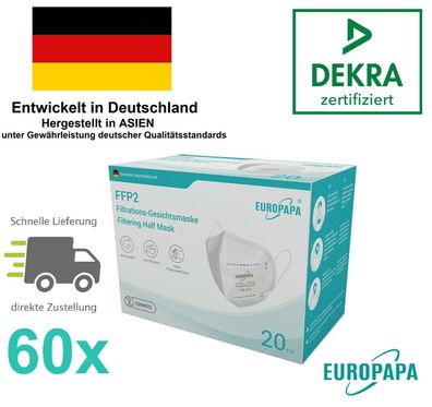 60 Europapa FFP2 Atemschutzmaske DEKRA CE 2163 Maske FFP 2 Mundschutz Viren OVP