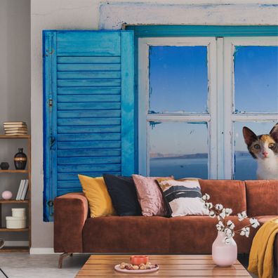 Muralo VINYL Fototapete XXL TAPETE Büro Katze in griechischem Fenster 3D 3399