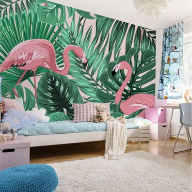 Muralo VINYL Fototapete XXL TAPETE Jugend Flamingos Monstera 3552