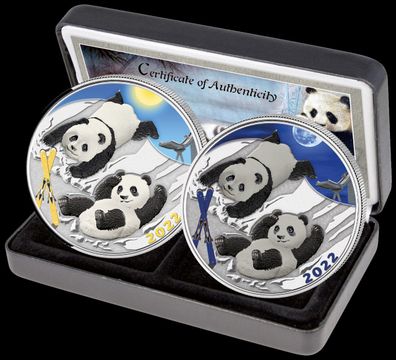 China Panda 2022 Tag & Nacht Set Farbe 2 x 30 Gramm 999 Silber Auflage 500 Stk.