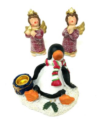 3 Stück Deko Figuren Keramik Weihnachten Engel und Pinguin 5,4 - 7,4 cm (121)