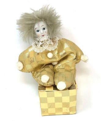 Mini Porzellan Puppe / Clown auf Pappbox ca. 10 cm groß (W22) (Gr. 10 cm)