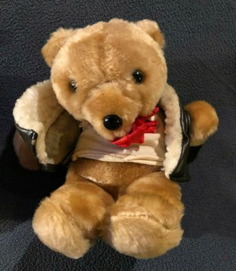Plüsch Teddybär braun mit rotem Halsband und Kunst Lederjacke ca. 15 cm (266)