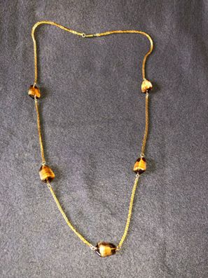 Goldfarbene Halskette mit 5 bernsteinfarbenen künstlichen Steinen 75,5 cm (RB)