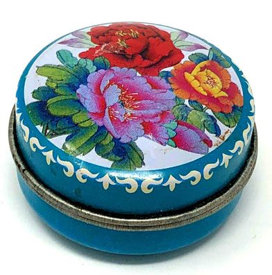 Wunderschöne runde Pillendose blau mit Blumenmotiv auf dem Deckel (250)