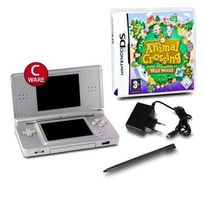 DS Lite Handheld Konsole silber #73C + Kabel + Spiel Animal Crossing Wild World